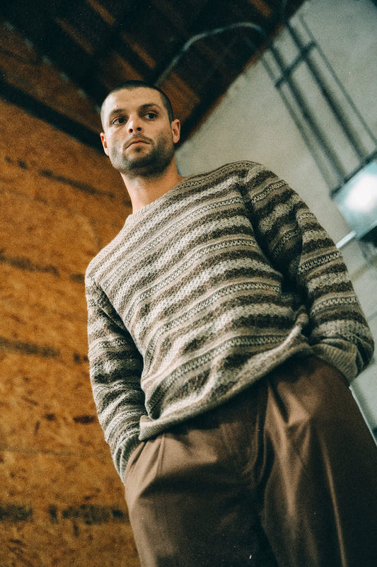 Men's Midnight Crew Sweater in the color Multi Neutral Stripe - Men's Lifestyle image