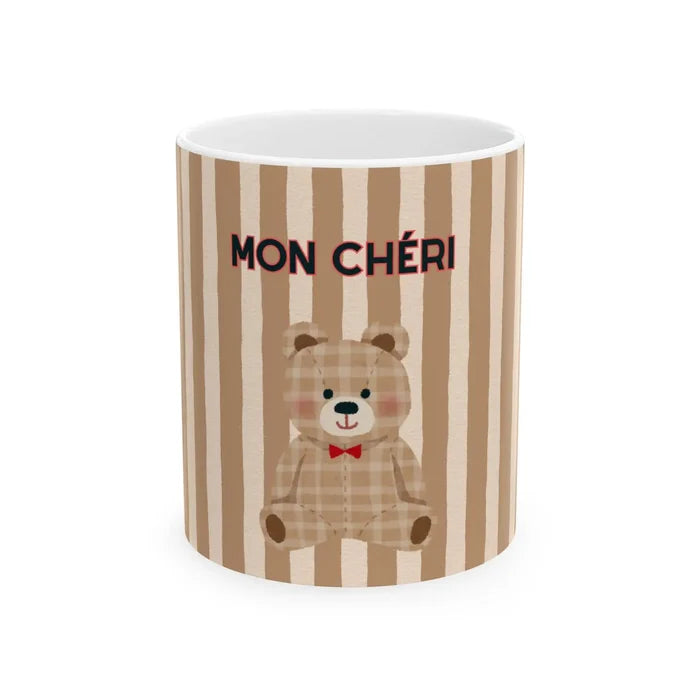 Mon Chéri Teddy Mug — Cute Striped Ceramic Coffee Cup (11oz, 15oz)