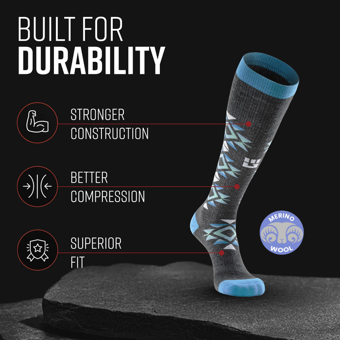MudGear Mesa Horizon gray and blue tall compression socks displayed on rock with merino wool badge
