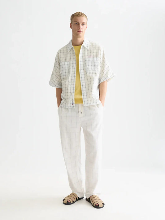 Oliver Linen-Blend Relaxed Straight-Fit Jogger - Bright White / Blue Check