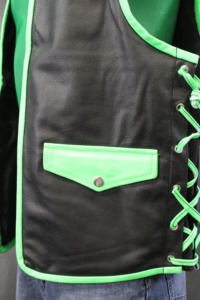 OnF Leather Bar Vest - Black with Neon Green Highlights