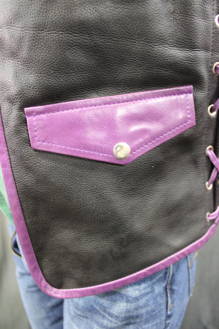 OnF Leather Bar Vest - Black with Purple Highlights
