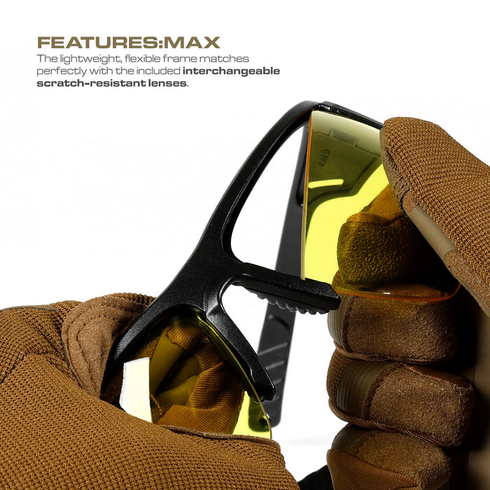 OPTIC MAX TACTICAL SAFETY GLASSES - 3 INTERCHANGEABLE LENSES - CLEAR, AMBER, GRAY ANTI-FOG LENS - 1 PAIR