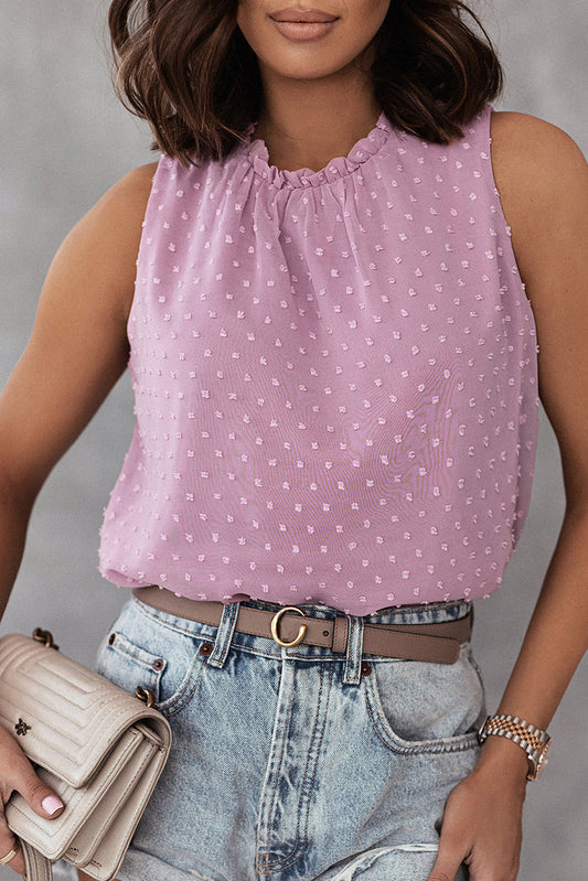 Pink Swiss Dot Sleeveless Ruffle Tank