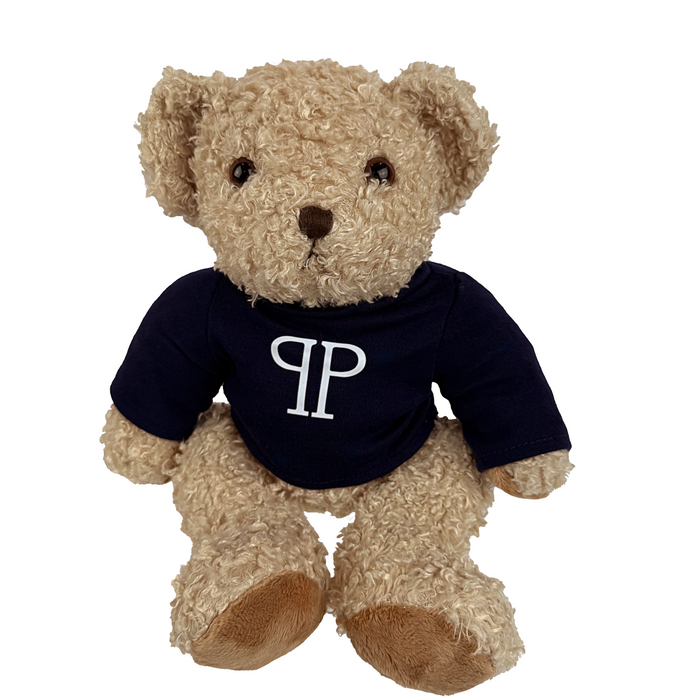 Teddy bear wearing a black shirt with a logo on a white background