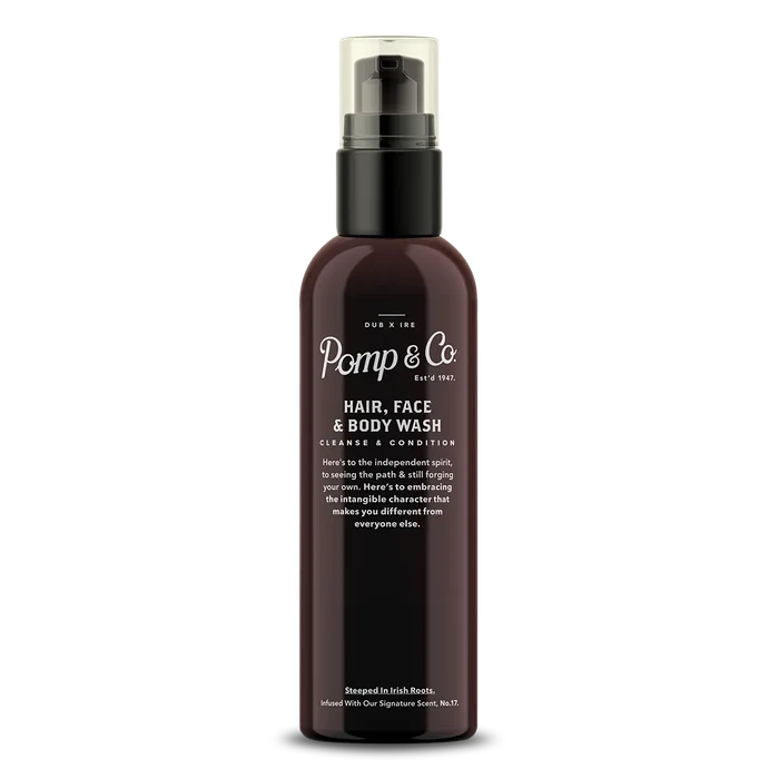 Pomp & Co. The Wash sjampo og kroppsvask i mørkbrun flaske med svart pumpe