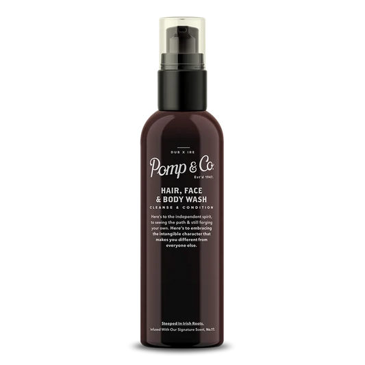 Pomp & Co. The Wash sjampo og kroppsvask i mørkbrun flaske med svart pumpe