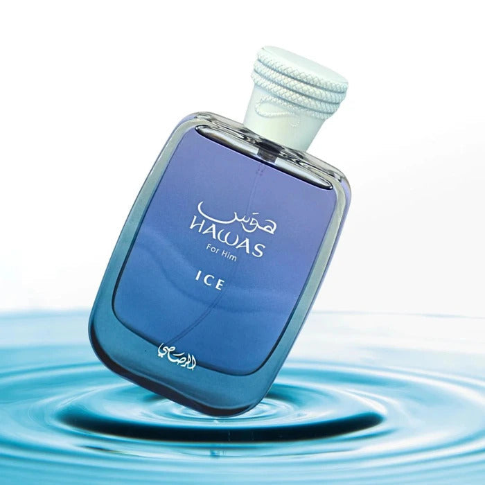 Blue Halyas for Him Ice perfume bottle on a water surface