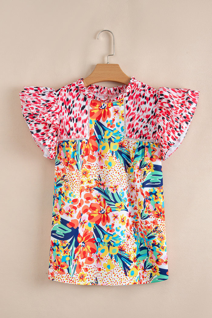 Red Floral Mixed Print Ruffle Cap Sleeve Blouse