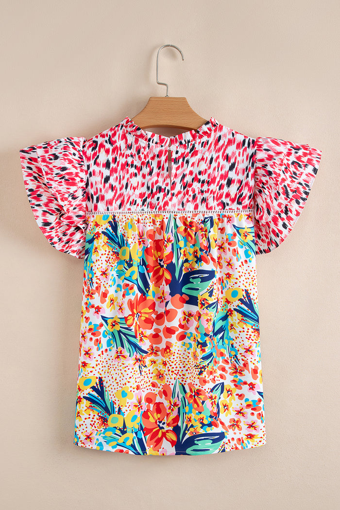 Red Floral Mixed Print Ruffle Cap Sleeve Blouse
