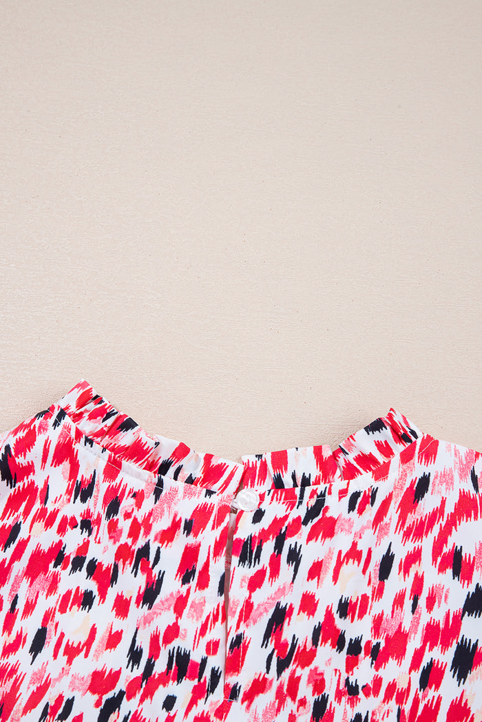 Red Floral Mixed Print Ruffle Cap Sleeve Blouse
