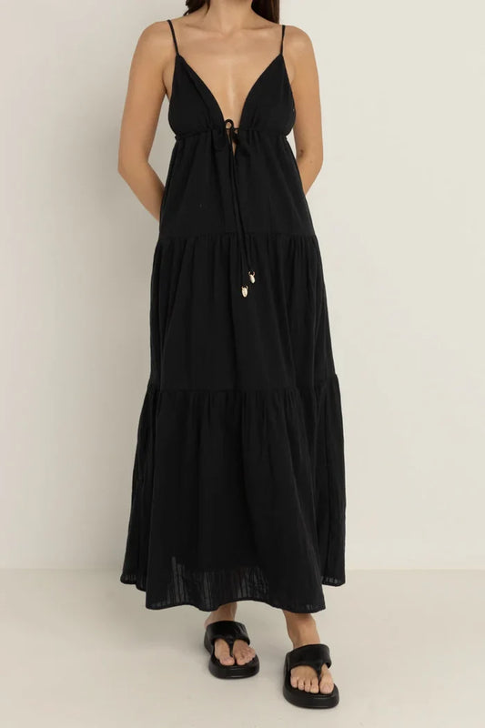 a rhythm Jaci Black dress worn by a woman on a plain background