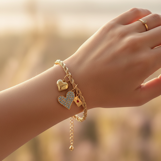 Romantic Love Letter & Rhinestone Heart Charm Bracelet | Gold & Silver Twisted Chain Jewelry (IBR-3874)