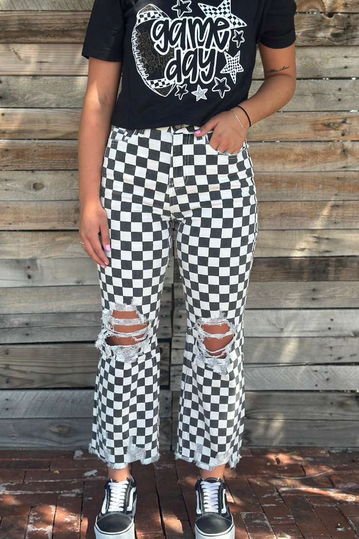 Round The Track Checkered Distressed Jeans