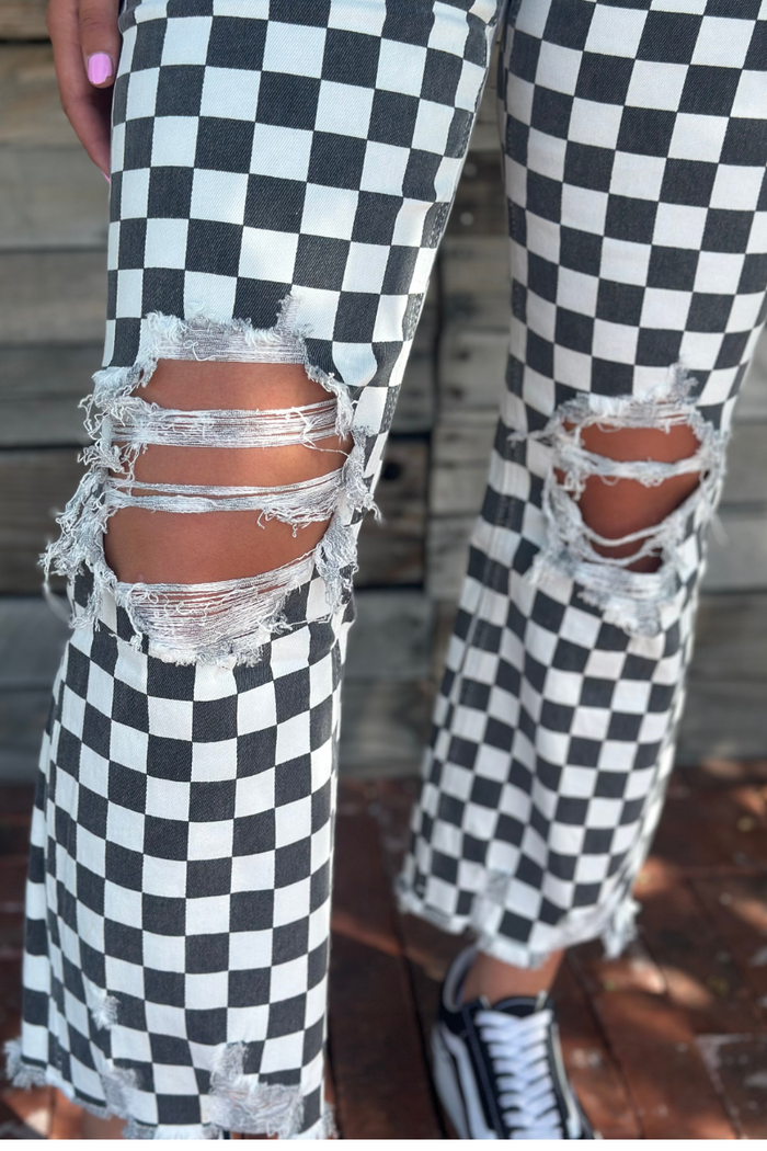 Round The Track Checkered Distressed Jeans