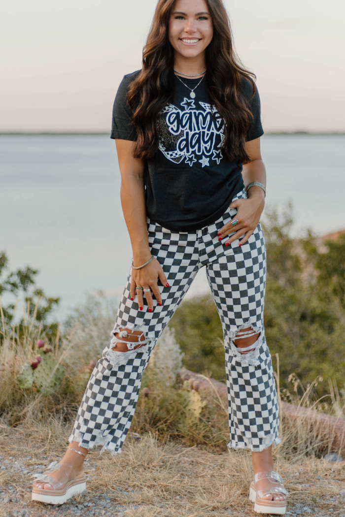 Round The Track Checkered Distressed Jeans