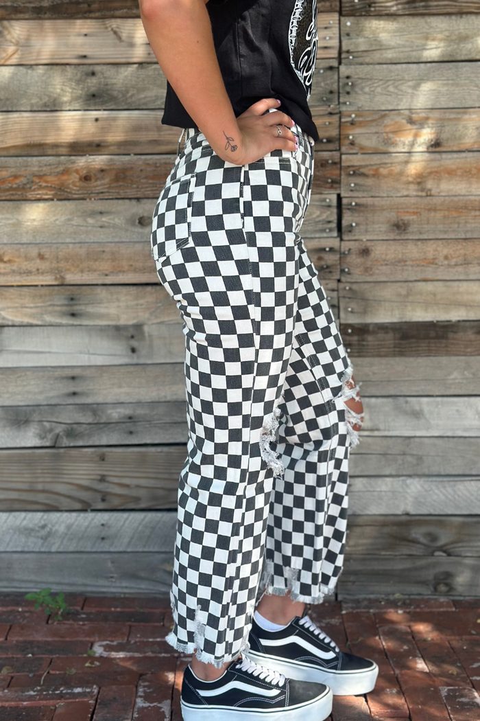 Round The Track Checkered Distressed Jeans