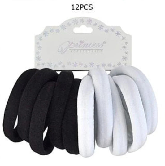 Seamless Cotton Hair Ties Set – 10/12 Pack Soft Elastic Ponytail Holders for Thick & Curly Hair – Black and White No-Damage Hair Bands (5cm Diameter) (RB-011BW)
