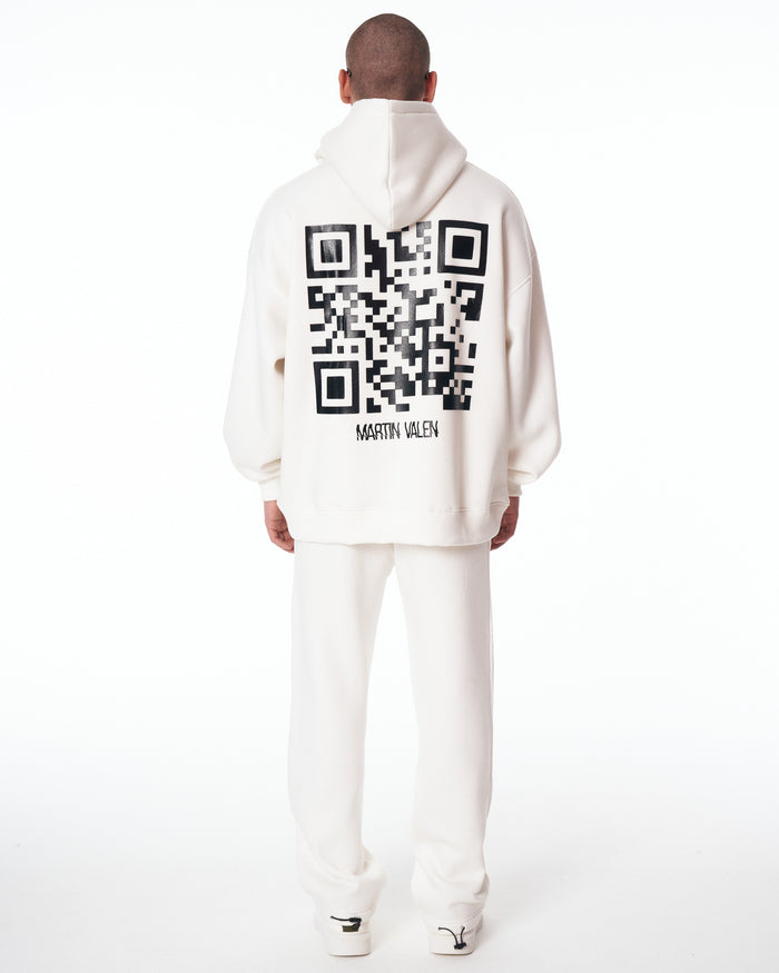 Martin Valen Sigilio oversized white hoodie viewed from back with large black QR code printed on the back