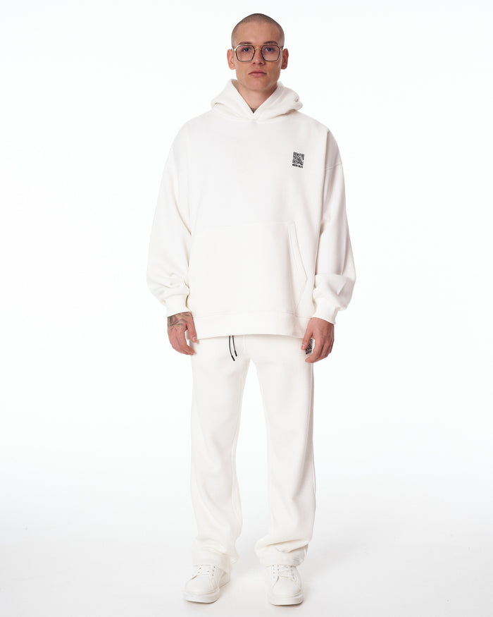 Martin Valen Sigilio oversized white hoodie, front mid-body view with kangaroo pocket and small QR code on chest