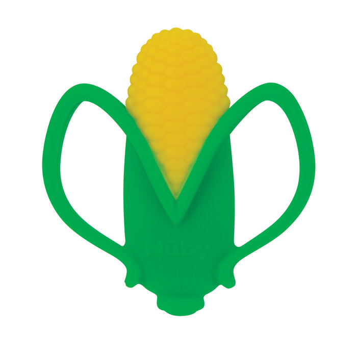 The Nuby Silicone Veggie Teether | Corn is a yellow and green corn-shaped teething toy with two handles, designed to gently soothe your baby's teething discomfort.