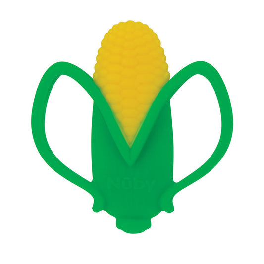 The Nuby Silicone Veggie Teether | Corn is a yellow and green corn-shaped teething toy with two handles, designed to gently soothe your baby's teething discomfort.