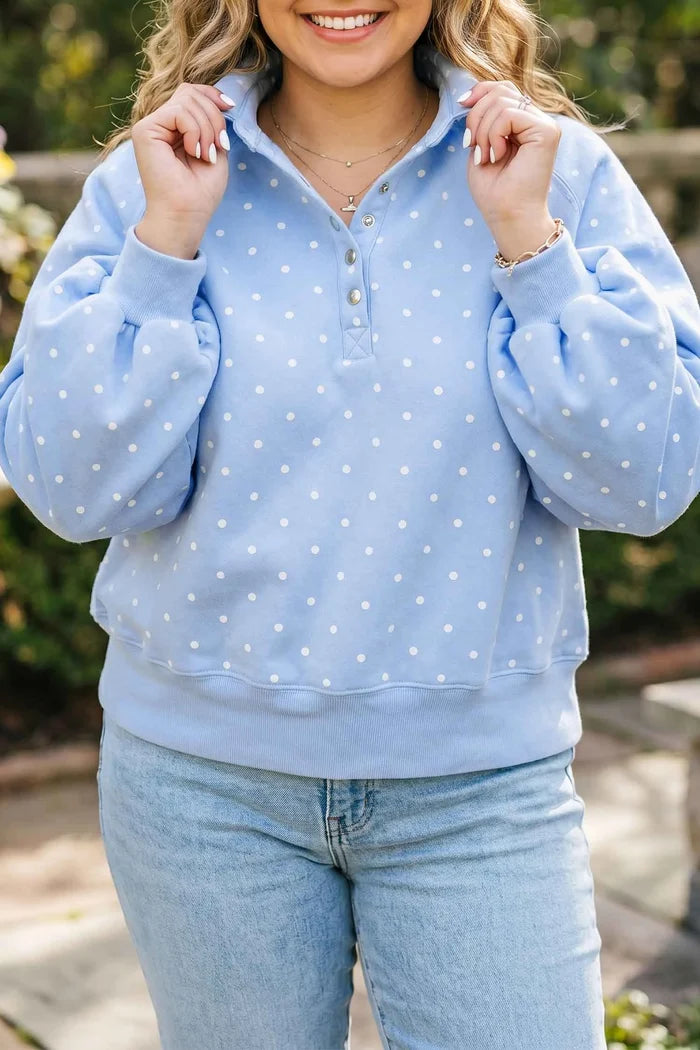 Sky Blue Polka Dot V Neck Sweatshirt Plus Size
