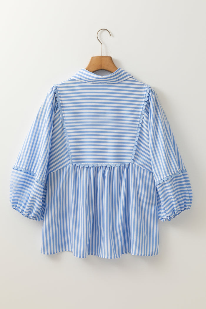 Sky Blue Stripe Shirt Collar V Neck Ricrac Trim 3/4 Puff Sleeve Blouse