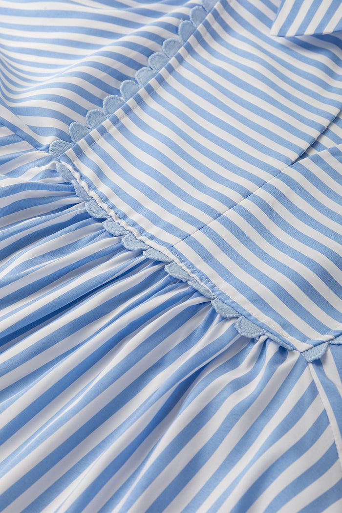 Sky Blue Stripe Shirt Collar V Neck Ricrac Trim 3/4 Puff Sleeve Blouse