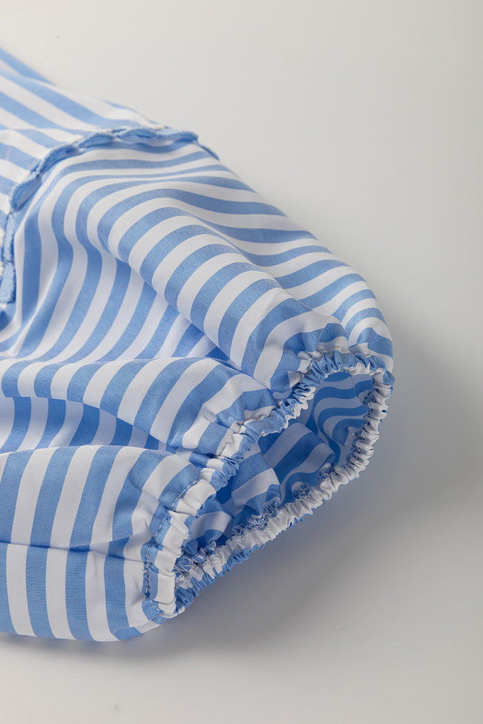 Sky Blue Stripe Shirt Collar V Neck Ricrac Trim 3/4 Puff Sleeve Blouse
