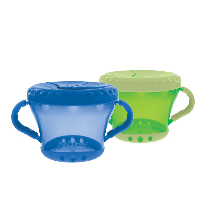 The Snack Keeper Container (2 Pack) includes blue and green spill-proof cups with lids and side handles, designed for children to easily grip and enjoy mess-free snacking.