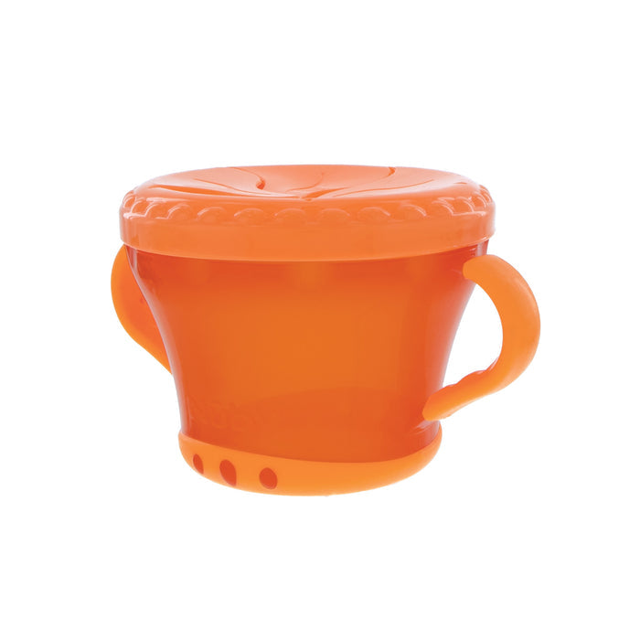 The Snack Keeper Container (2 Pack) features orange, spill-proof snack containers with two handles and a flexible slotted lid, allowing toddlers to easily access snacks while preventing spills.