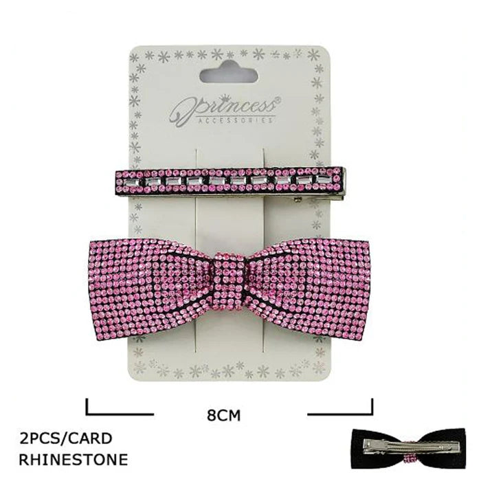 Sparkling Rhinestone Bow and Barrette Hair Clip Set - 2 Piece Gift Card (HP-10886M)