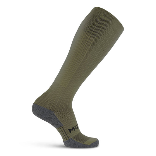 Tall compression sock in olive drab green with dark gray heel and toe reinforcement