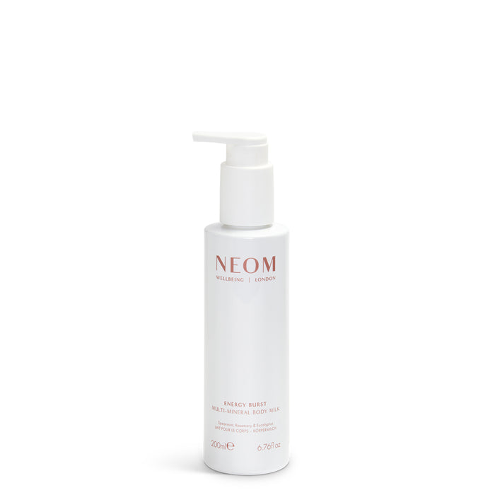 NEOM energy burst multi mineral milk bottle on a white background