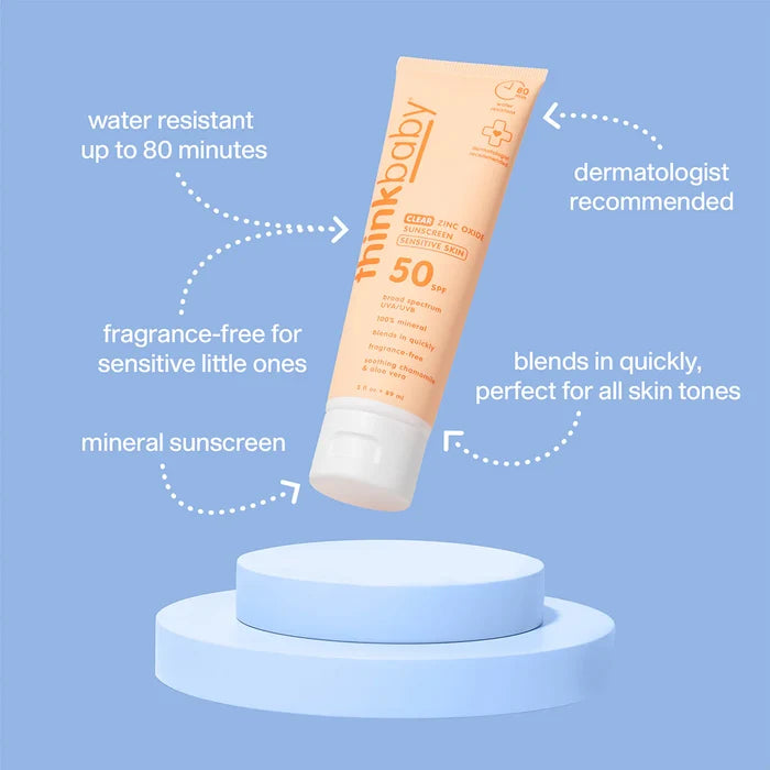 ThinkBaby SPF 50+ Baby Clear Zinc Sunscreen for Sensitive Skin, 3oz