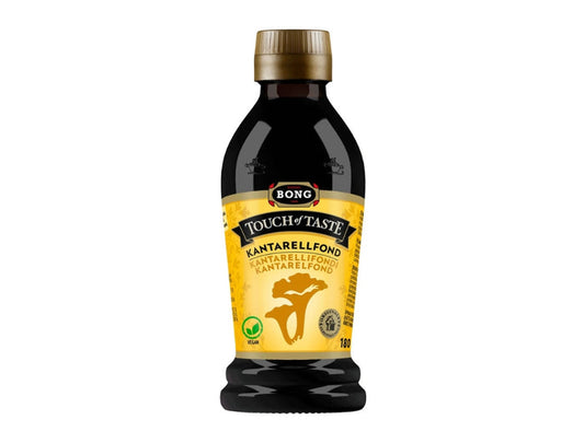 Touch of Taste Kantarellfond 180ml – dark glass bottle with gold cap and yellow label showing chanterelle mushroom illustration, Bong brand, vegan, concentrated Swedish chanterelle stock, 180ml