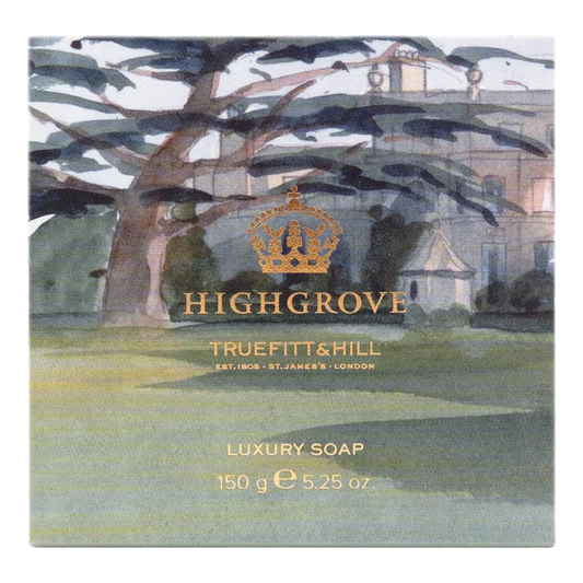 Truefitt & Hill Highgrove luksuriøs kroppssåpe eske med tremotiv og gullskrift