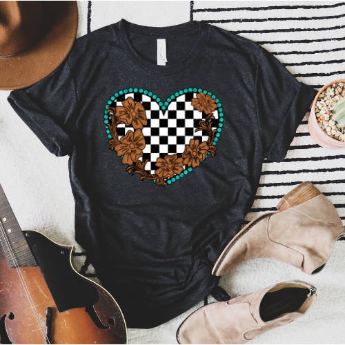 Turquoise Checkered Heart with Flowers Graphic Tee