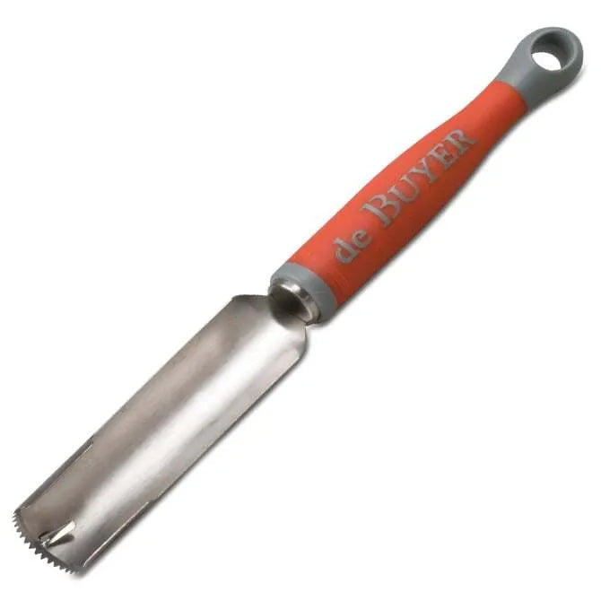 A stainless steel universal corer with a red, ergonomic non-slip handle that has the text 'de BUYER' printed on it.