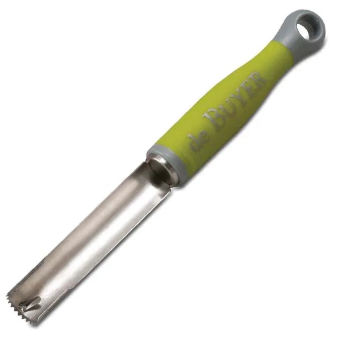 A stainless steel universal corer with a green non-slip handle and the brand 'de Buyer' logo engraved on it.