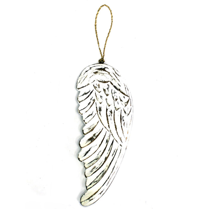 Vintage distressed hand-carved angel wings, white-washed finish, sustainable albesia wood home wall decor