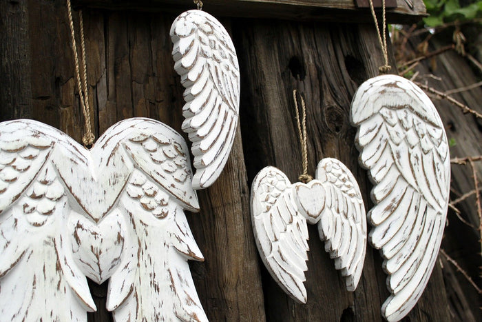 Vintage distressed hand-carved angel wings, white-washed finish, sustainable albesia wood home wall decor