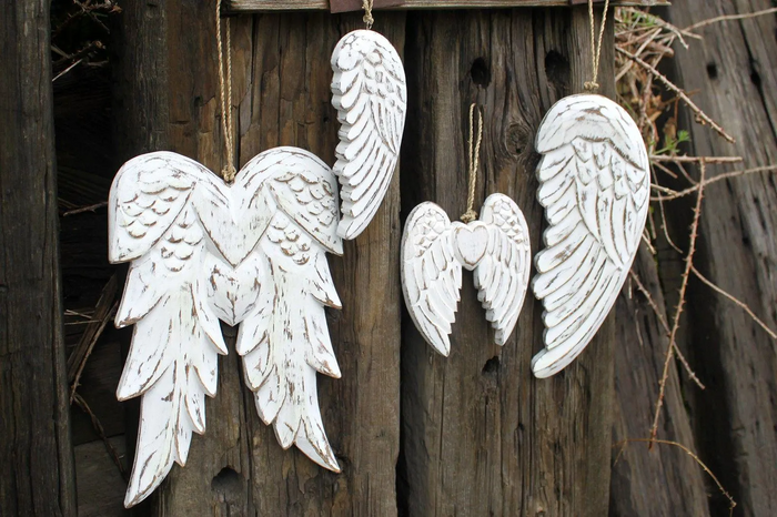 Vintage distressed hand-carved angel wings, white-washed finish, sustainable albesia wood home wall decor