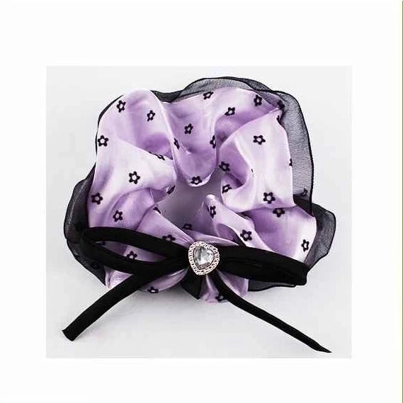 Vintage Floral Satin Scrunchie with Heart Crystal & Velvet Bow – Organza Trim Hair Tie (ITW-214)