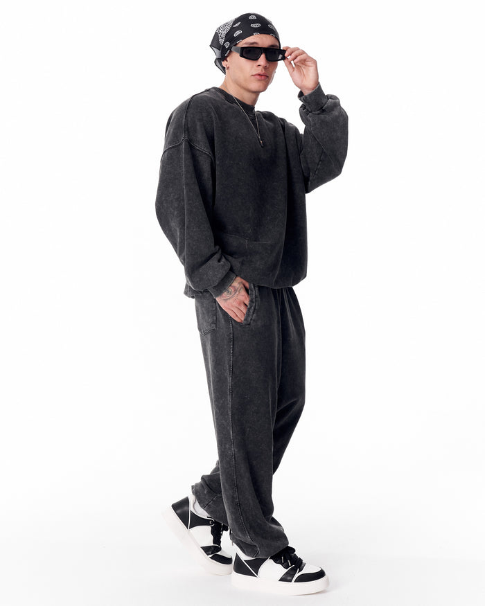 Martin Valen washed gray oversized tracksuit for men, full-length view showing straight-leg trousers and sneakers