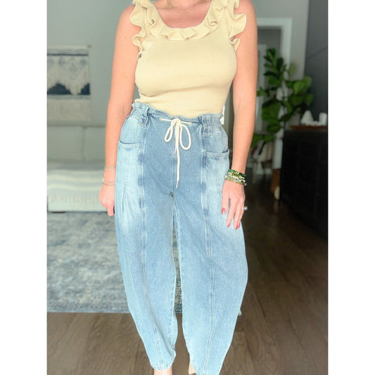 boutique women's barrel jeans tie waist front