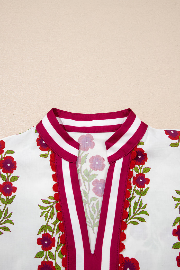White Floral Short Bubble Sleeve Contrast Slit Neckline Blouse