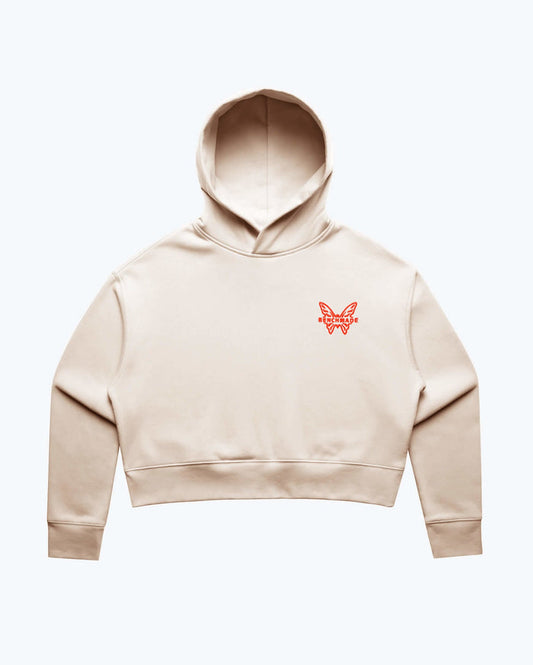 Cream Womens Logo Pullover Hoodie - Front View with Orange Butterfly Logo | Benchmade Knife Co.