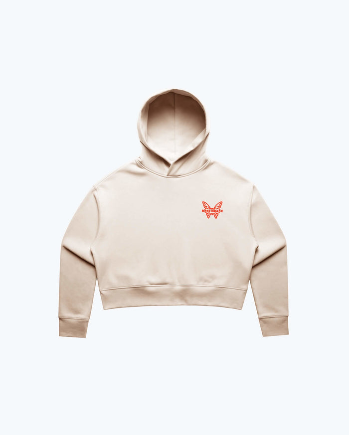 Cream Womens Logo Pullover Hoodie - Flat Lay Front View with Orange Logo | Benchmade Knife Co.